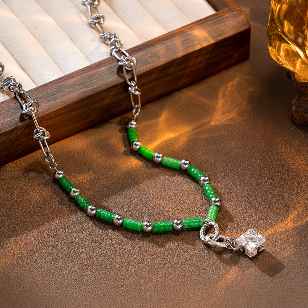 Green Bamboo Shaped Stone Necklace with Stainless Steel Chain – Minimalist Handmade Jewelry for Women