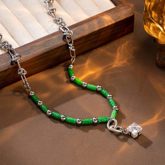 Green Bamboo Shaped Stone Necklace with Stainless Steel Chain – Minimalist Handmade Jewelry for Women