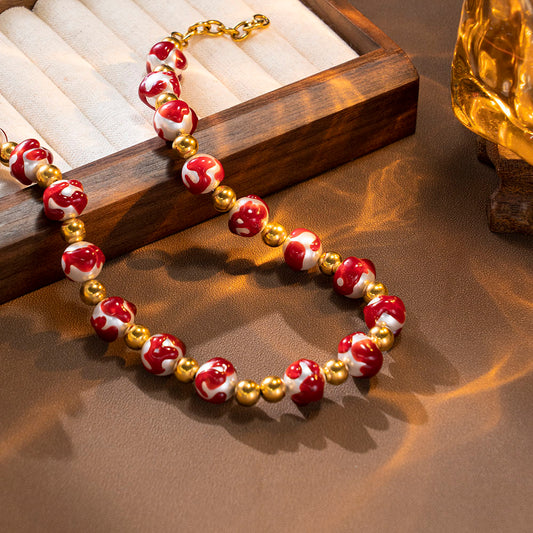 Dawn Glow Necklace with White Beads and Red Accents on 316 Stainless Steel 18K Gold Plated Chain – Unisex Handmade Jewelry
