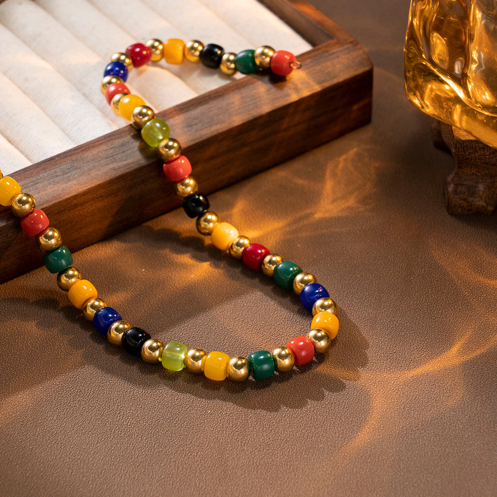 Color Glow Necklace with Multicolor Natural Stones and 316 Stainless Steel 18K Gold Beads – Unisex Handmade Jewelry