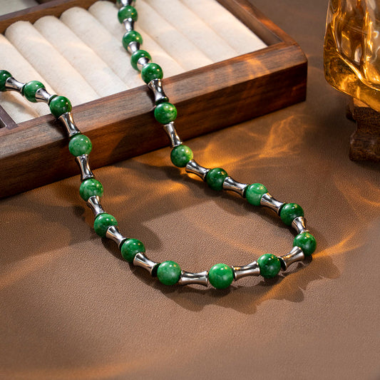 Green Round Bead Bamboo Stainless Steel Necklace – Minimalist Handmade Jewelry for Women
