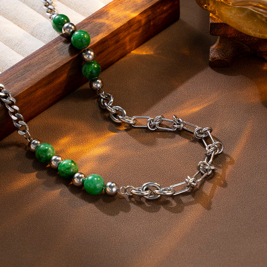 Green Harmony Necklace with Stainless Steel Chain and Green Beads – Unisex Handmade Jewelry