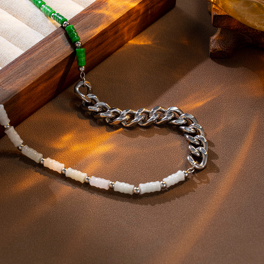 Green & White Fusion Cuban Necklace – Mixed Design with Stainless Steel Cuban Chain and Bamboo-Style Stones