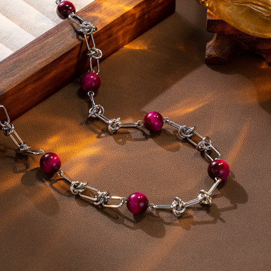 Rose Red Beads Necklace – Unisex Handmade Jewelry with Rose Red Beads and Stainless Steel Chain