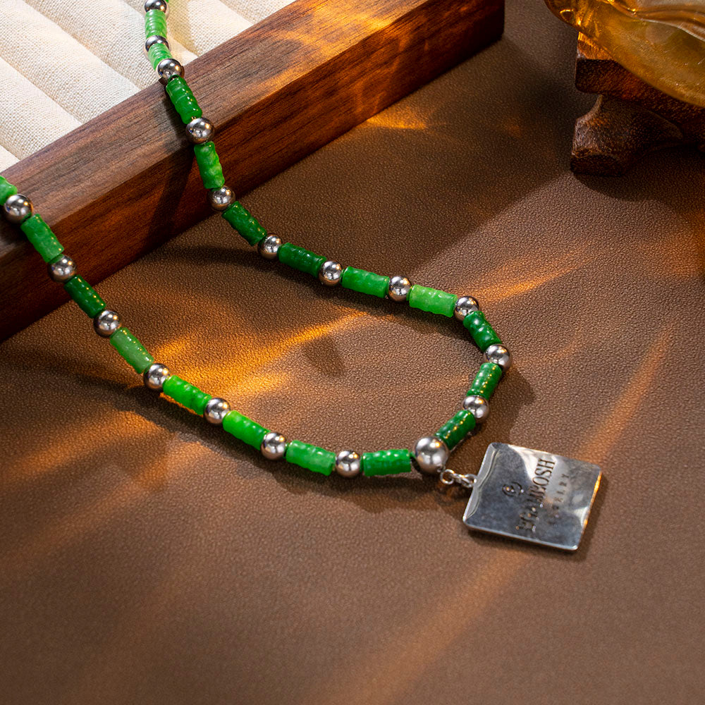 Bamboo Green Pendant Necklace with Green Bamboo Stone Beads and Stainless Steel Tag – Unisex Handmade Jewelry