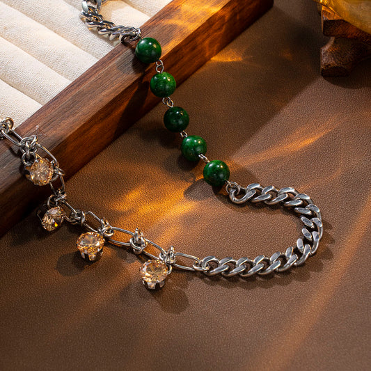 Green Fusion Mixed Necklace with Cuban Chain, Green Beads, and Embedded Zircon – Unisex Handmade Jewelry