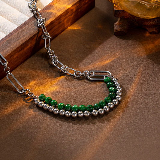 Green & Stainless Steel Layered Necklace – Unisex Handmade Jewelry with Green and Stainless Steel Beads