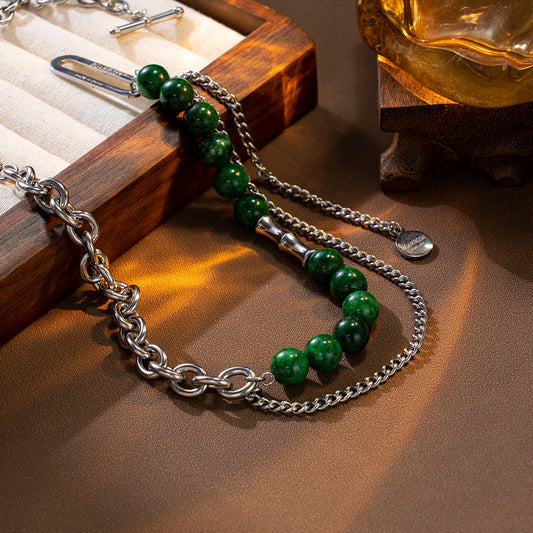 Double-Layer Necklace with Stainless Steel Chain and Green Beads – Unisex Handmade Jewelry