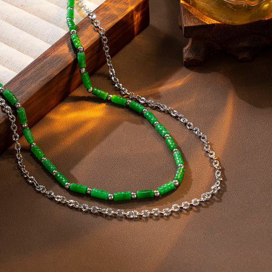 Dual Layer Bamboo Fusion Necklace – Natural Stone Bamboo Style with Stainless Steel Chain, Unisex Handmade Jewelry