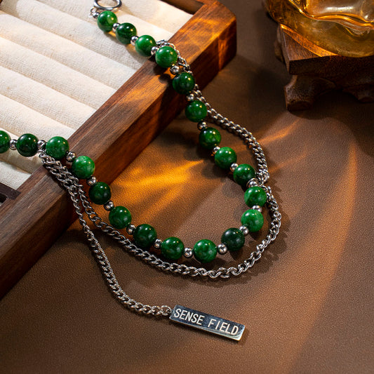 Green Layered Beads Necklace – Unisex Handmade Jewelry with Green Beads and Stainless Steel Chain
