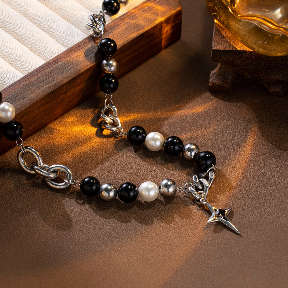 Black & White Cross Beaded Necklace – Unisex Handmade Jewelry with Beads and Cross Pendant