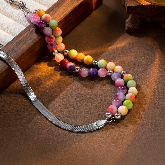 Colorful Layered Beads & Chain Necklace – Unisex Handmade Jewelry with Double Colorful Beads and Stainless Steel Chain