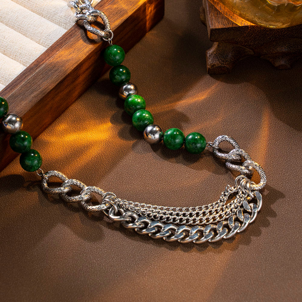 Triple-Layer Green Beads Necklace – Unisex Handmade Multi-Layer Jewelry