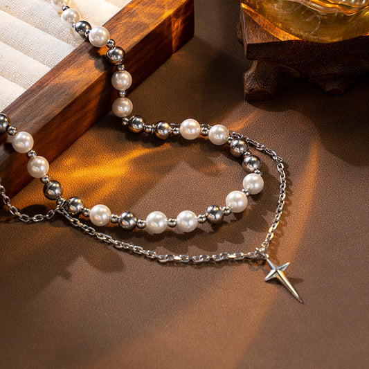 White & Stainless Layered Necklace with Pendant – Unisex Handmade Jewelry with White Beads, Stainless Steel Beads, and Chain Pendant