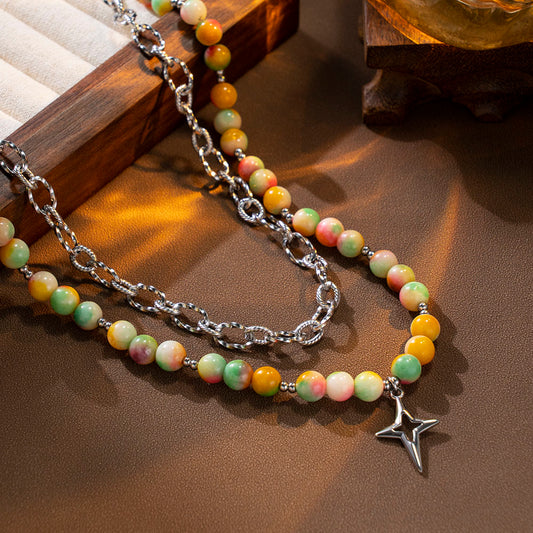 Color Bead Double-Layer Necklace with Stainless Steel Chain – Unisex Handmade Jewelry