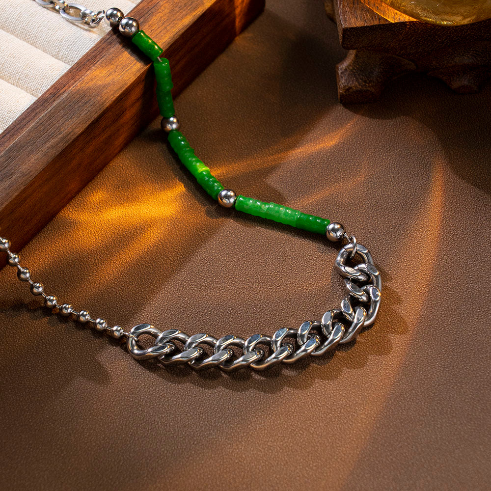 Green Bamboo Cuban Necklace – 316 Stainless Steel Cuban Chain with Natural Bamboo-Style Green Stones, Unisex Mixed Jewelry