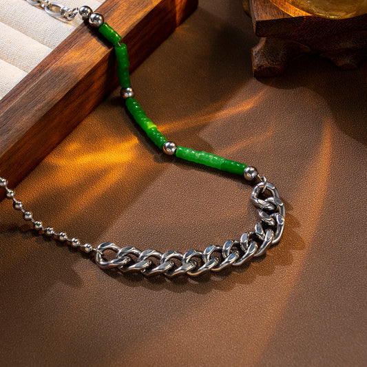 Green Bamboo Cuban Necklace – 316 Stainless Steel Cuban Chain with Natural Bamboo-Style Green Stones, Unisex Mixed Jewelry