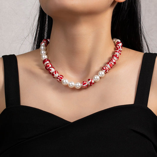 Ember Accent Necklace with White Beads and Red Raised Column Details – Unisex Handmade Jewelry