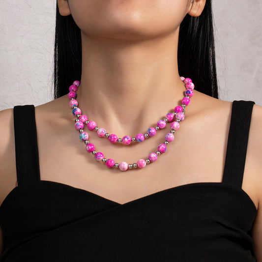 Rose Radiance Double-Layer Necklace with Rose-Red Stone Beads – Unisex Handmade Jewelry