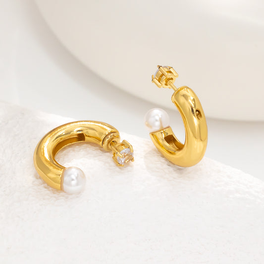 316 Stainless Steel 18K Gold Plated C-Shaped Earrings with Round Bead | Minimalist Trendy Jewelry