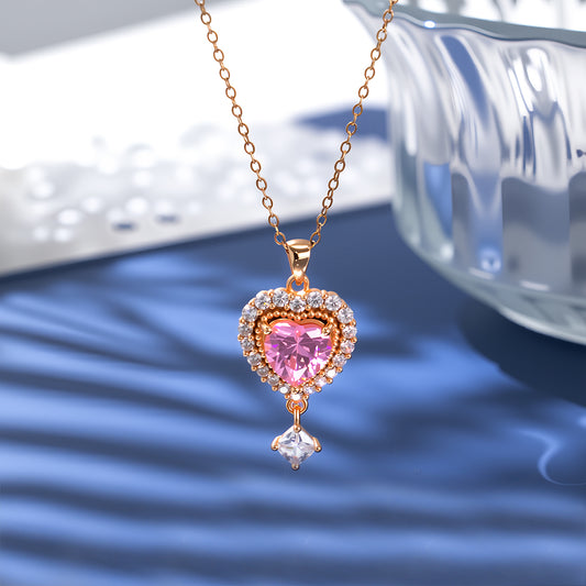 S925 Rose Gold Pink Diamond & Zircon Necklace | Sparkling Layered Design