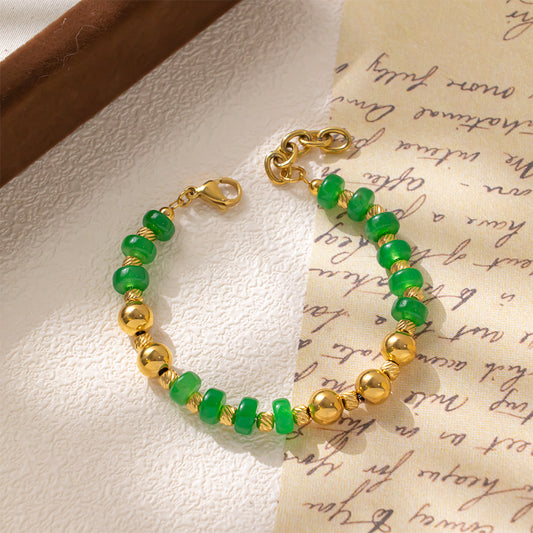 Synthetic Green Jade & 18k Gold Plated Stainless Steel Bracelet – Unisex Handmade Bracelet with Green Jade and Gold Stainless Steel