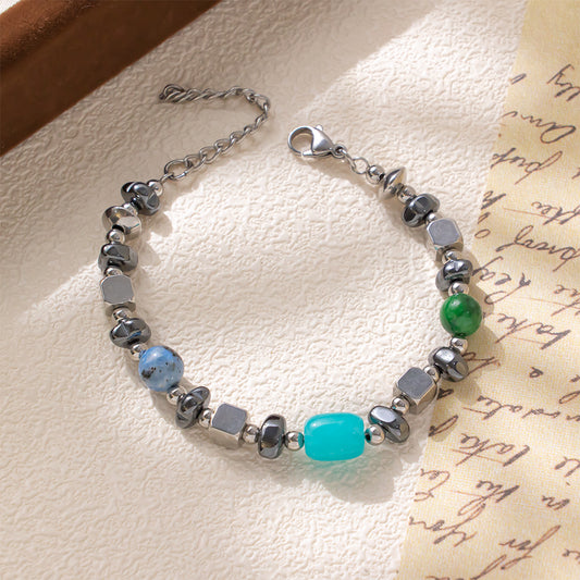 Forest Trio Bracelet – Unisex Handmade Bracelet with Black Irregular Dendritic Stone, Green & Blue Chalcedony