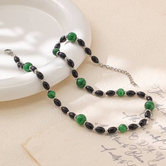 Black Glass & Green Chalcedony Necklace – Unisex Handmade Necklace with Black Glass and Green Chalcedony
