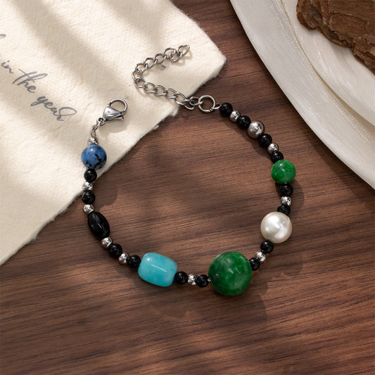 Blue Spotted Chalcedony, White Glass Pearl, Green & Blue Chalcedony Bracelet