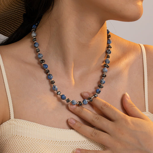 Black Dendritic Stone & Blue Spotted Chalcedony Necklace