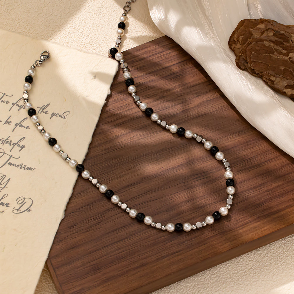 Black Glass Beads, White Glass Pearls & Stainless Steel Beaded Necklace