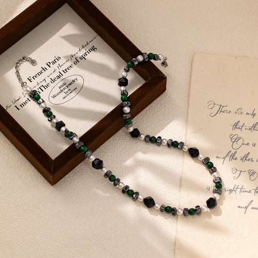 Black Irregular Obsidian, White Pearls & Green & Blue Chalcedony Necklace