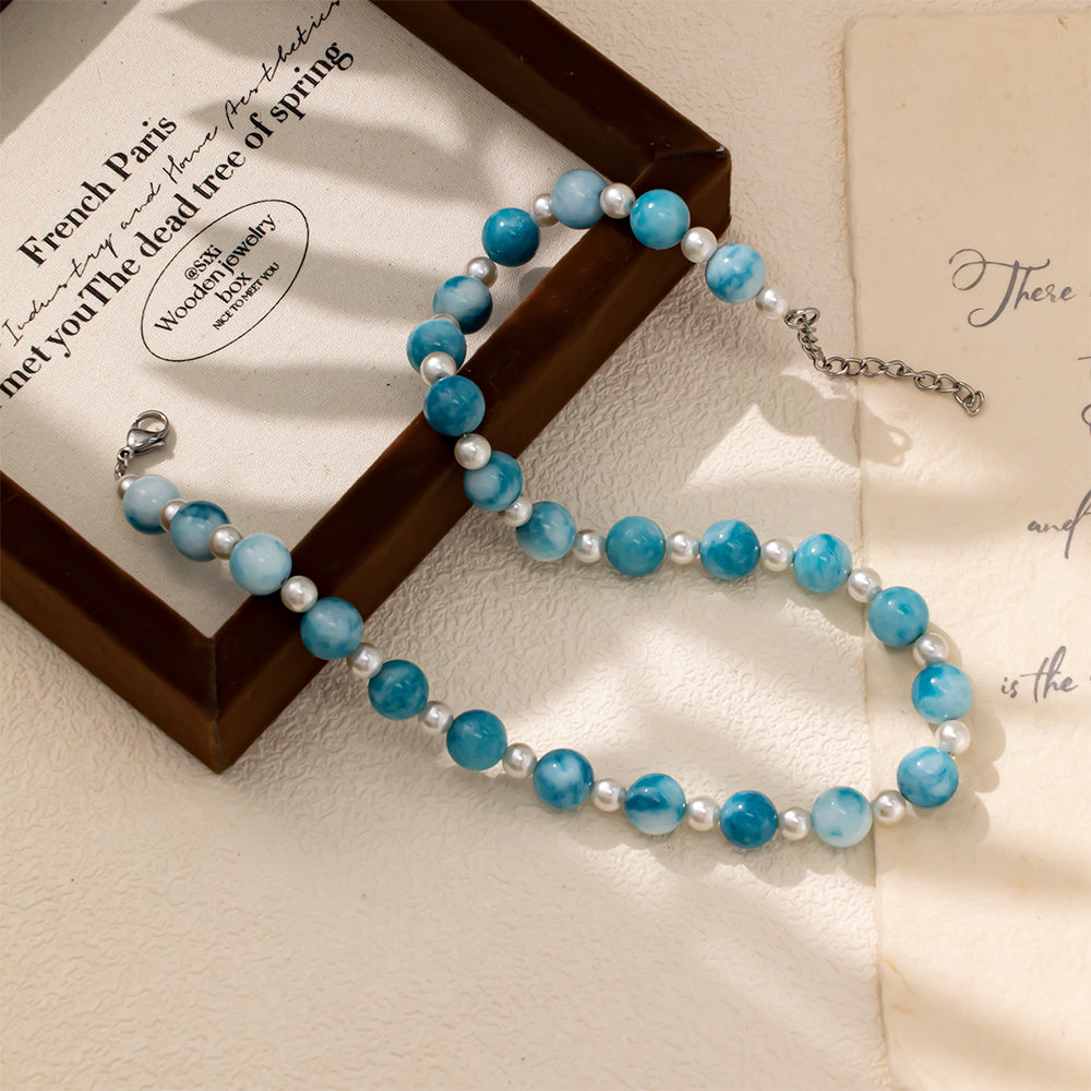 Agate & Glass Beads Blue Necklace – Tears of the Ocean