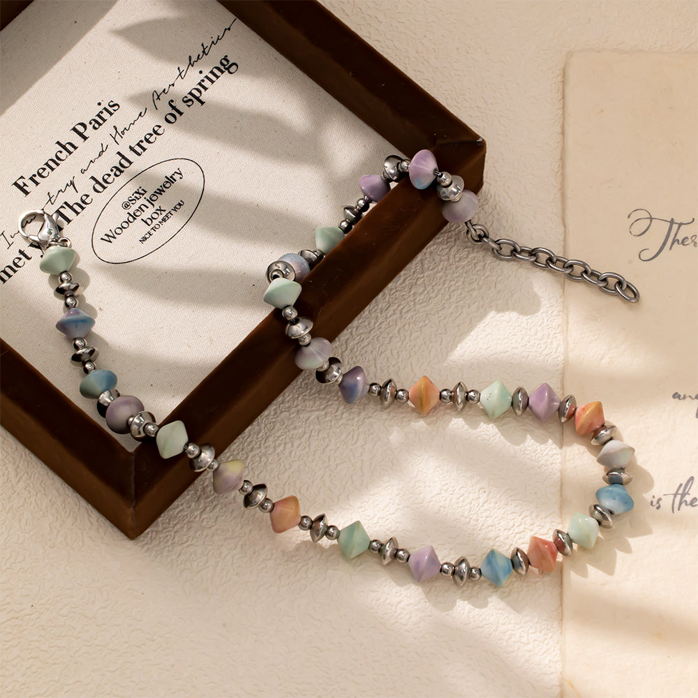 Macaron Rainbow Stone Stainless Steel Beaded Necklace
