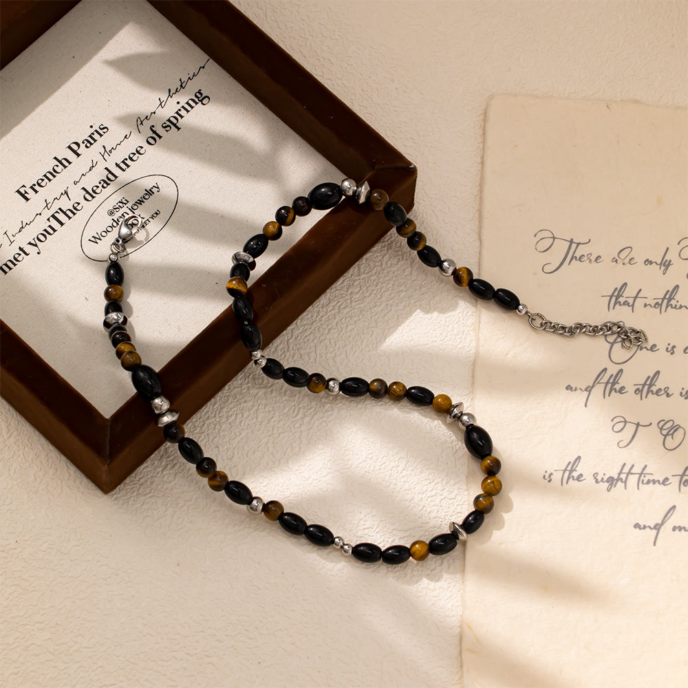 Black Glass Beads & Natural Tiger Eye Necklace for Women