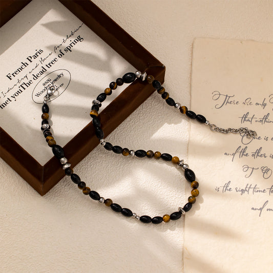 Black Glass Beads & Natural Tiger Eye Necklace for Women