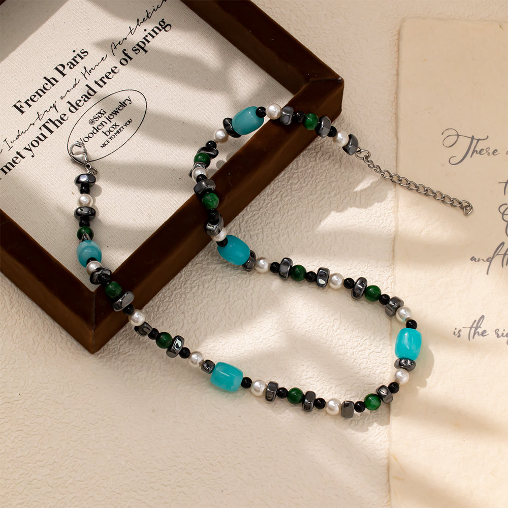 Black Irregular Obsidian, White Pearls & Green & Blue Chalcedony Necklace