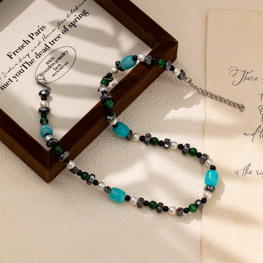 Black Irregular Obsidian, White Pearls & Green & Blue Chalcedony Necklace