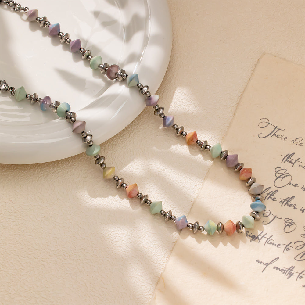 Macaron Rainbow Stone Stainless Steel Beaded Necklace