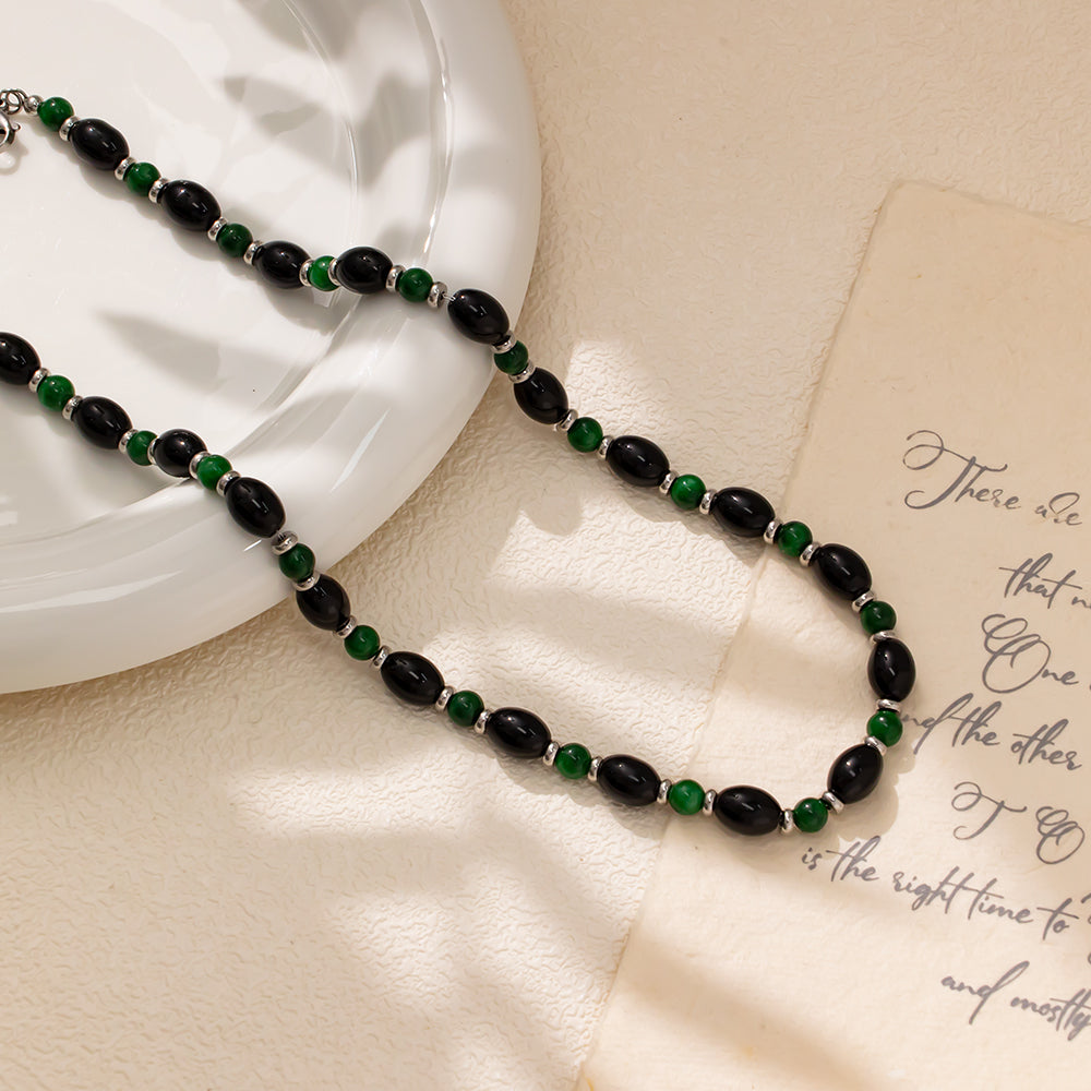 Black Glass Stone & Green Chalcedony Necklace