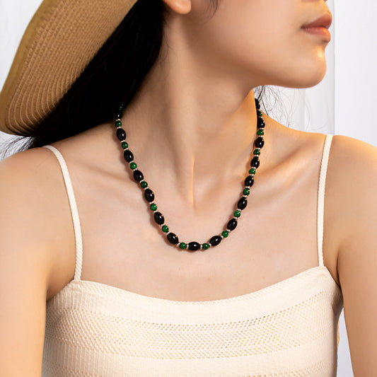 Black Glass Stone & Green Chalcedony Necklace