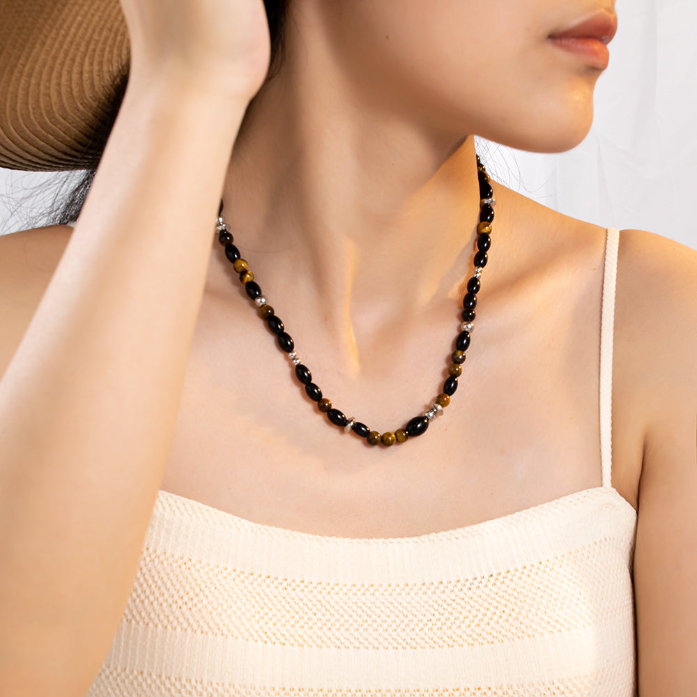 Black Glass Beads & Natural Tiger Eye Necklace for Women