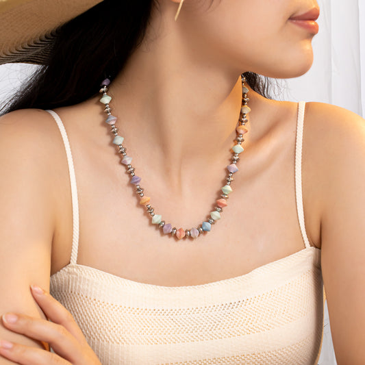 Macaron Rainbow Stone Stainless Steel Beaded Necklace