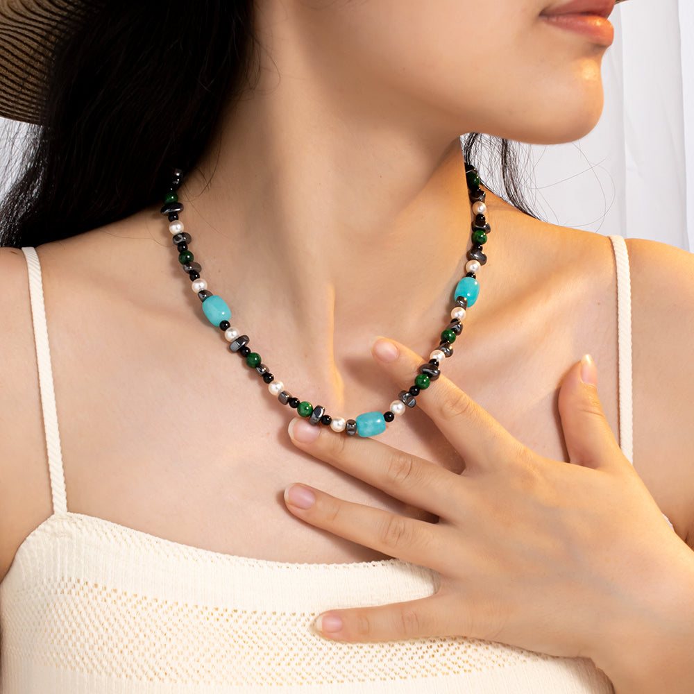 Black Irregular Obsidian, White Pearls & Green & Blue Chalcedony Necklace