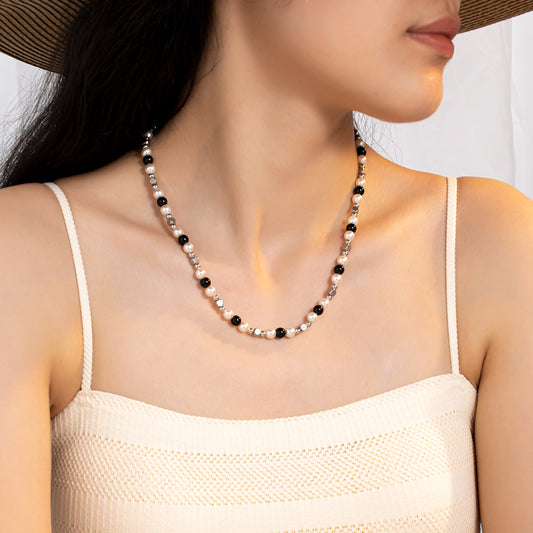 Black Glass Beads, White Glass Pearls & Stainless Steel Beaded Necklace
