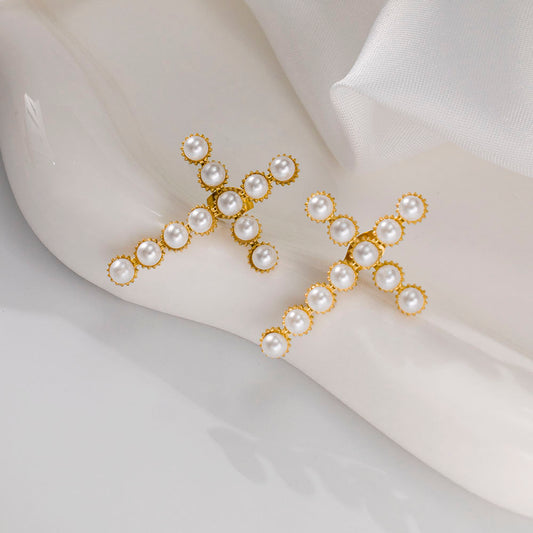 316 Stainless Steel 18K Gold Plated Cross Earrings with White Beads | Minimalist Chic Jewelry