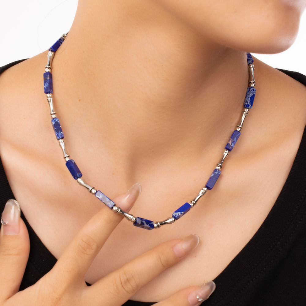 Rainbow Bamboo Necklace – Multi-Colored Turquoise & Silver 316 Stainless Steel, Bamboo-Shaped Accents, Unisex