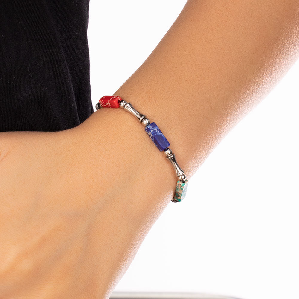 Rainbow Bamboo Bracelet – Multi-Colored Turquoise & Silver 316 Stainless Steel, Bamboo-Shaped Accents