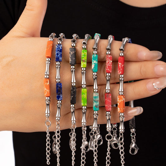 Rainbow Bamboo Bracelet – Multi-Colored Turquoise & Silver 316 Stainless Steel, Bamboo-Shaped Accents