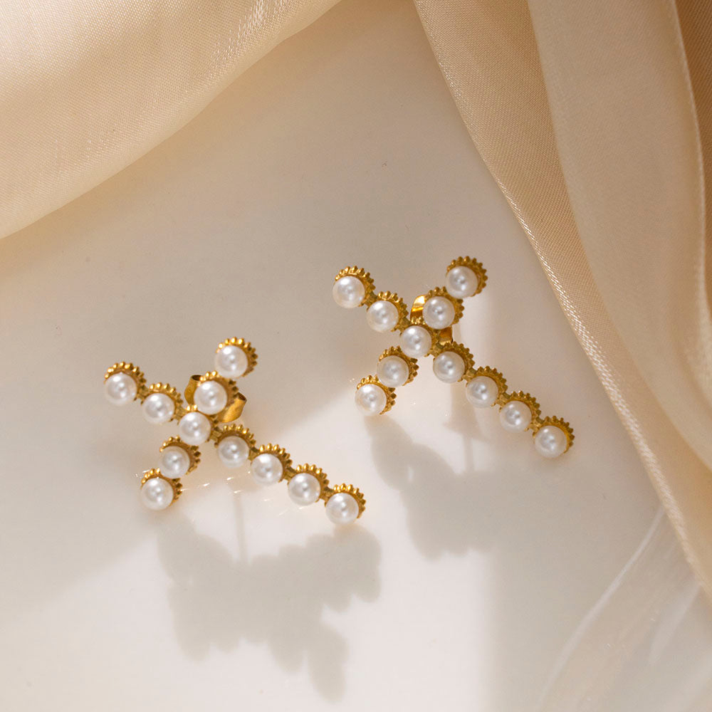 316 Stainless Steel 18K Gold Plated Cross Earrings with White Beads | Minimalist Chic Jewelry